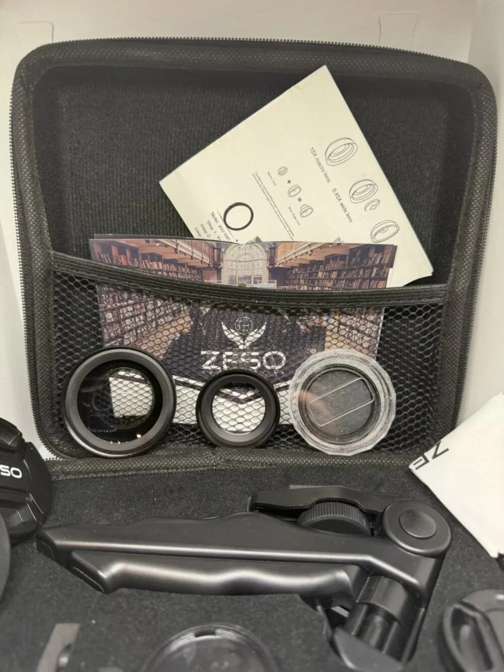Zeso Smartphone Camera Lens Kit .45X Lens, 15X macro Lens, Tripod, Remote
